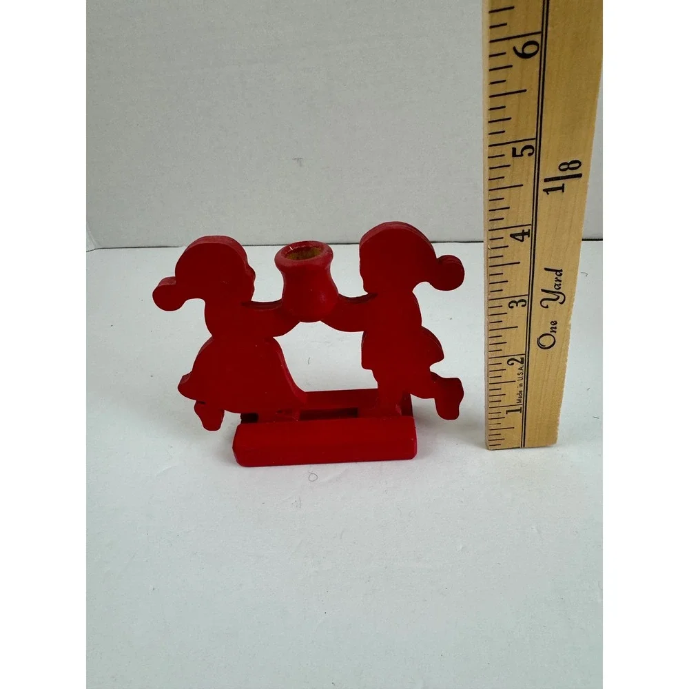 Vintage Swedish Wood Candle Holder Red Boy Girl Silhouette with Lenox Candles